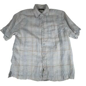 Cubavera Mens Plaid 100% Linen‎ Button Front S/S Casual Shirt Large L Blue Light